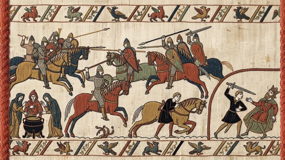 Knights clash at Bosworth Field while three witches stir a cauldron, and Edmund strikes down King Richard