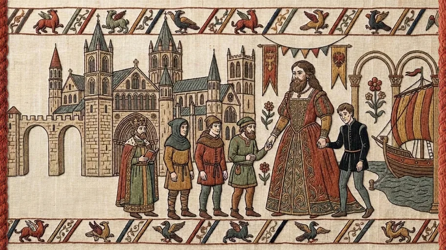 A bearded Spanish princess leads Edmund by the hand towards a waiting ship