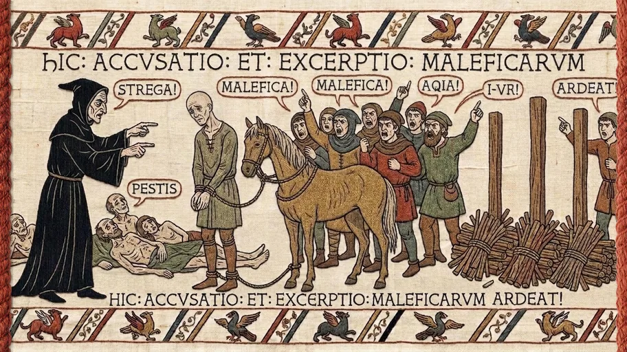 A hooded witchsmeller points at a bound prisoner while an angry crowd waits by the stakes