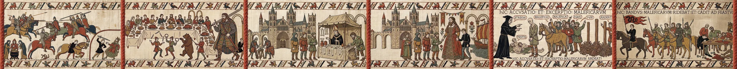 The whole series as one embroidered strip, 6 episodes joined by red wool rope