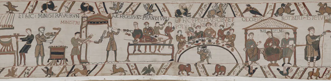 Cooks and servants carrying in a feast, from scenes 42 and 43 of the Bayeux Tapestry